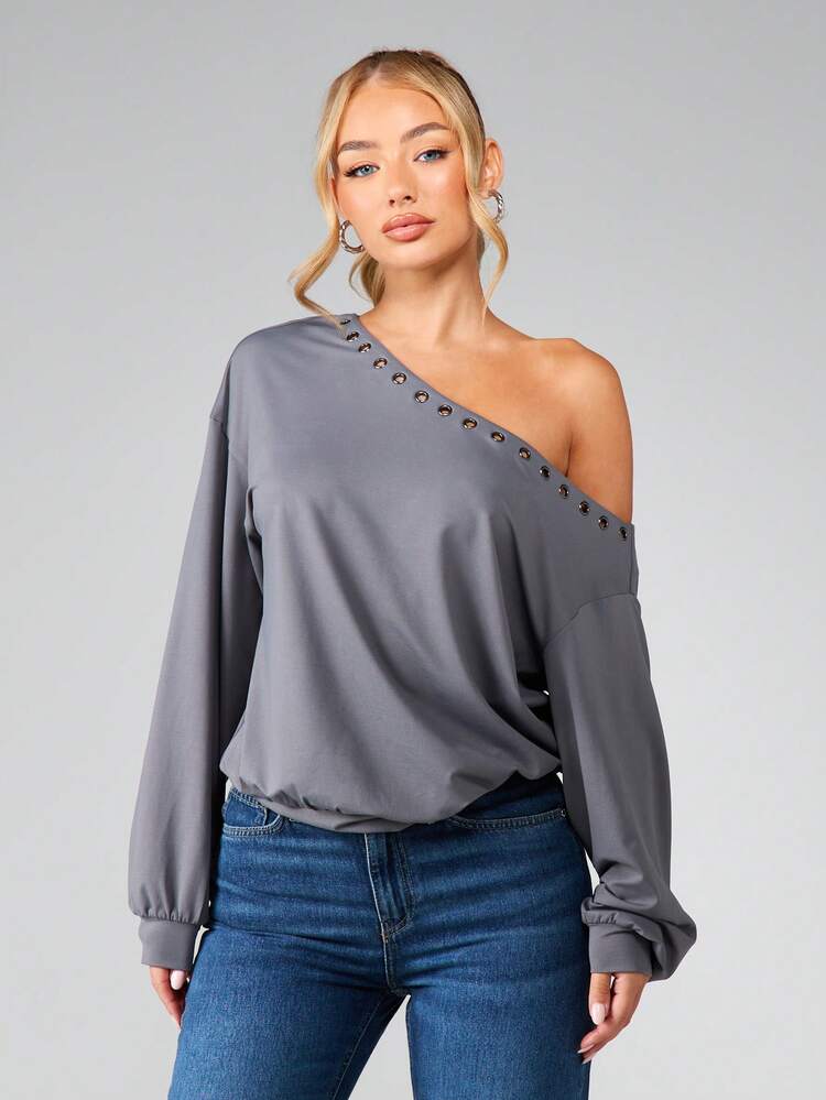 MISSGUIDED 메탈 아일렛 디테일이 있는 오프 숄더 긴팔 탑 비대칭 네크라인 원 숄더 디자인 드롭 숄더 핏 가을 겨울용 캐주얼 블라우스
