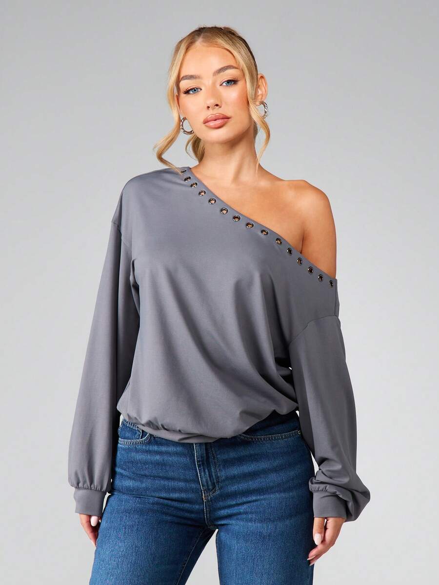 MISSGUIDED Off Shoulder Long Sleeve Top With Metal Eyelet Detailing Asymmetric Neckline One Shoulder Design Drop Shoulder Fit Casual Blouse For Fall Winter - Dark Grey - View 1
