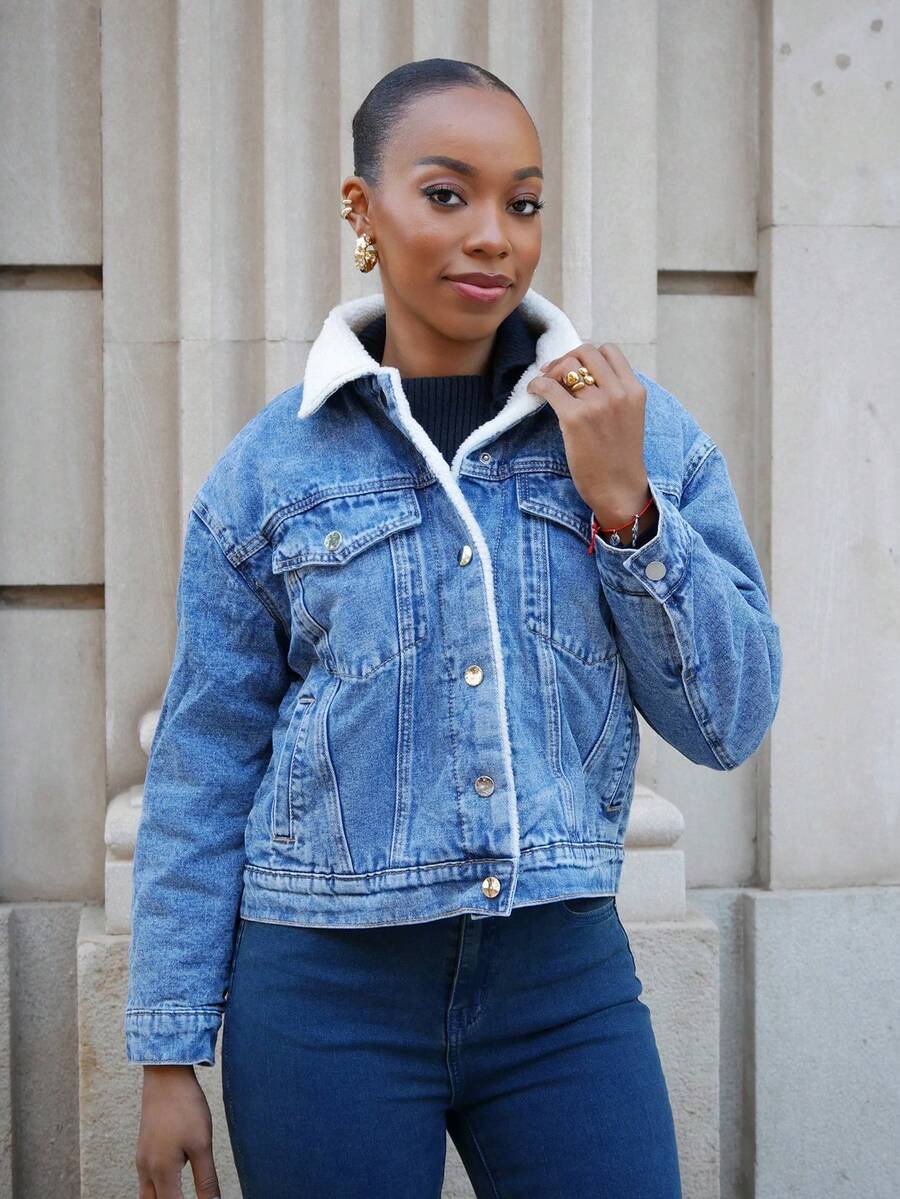 Yess Loren 秋冬保暖内衬宽松休闲牛仔夹克 - 中等水洗藍 - 查看 1