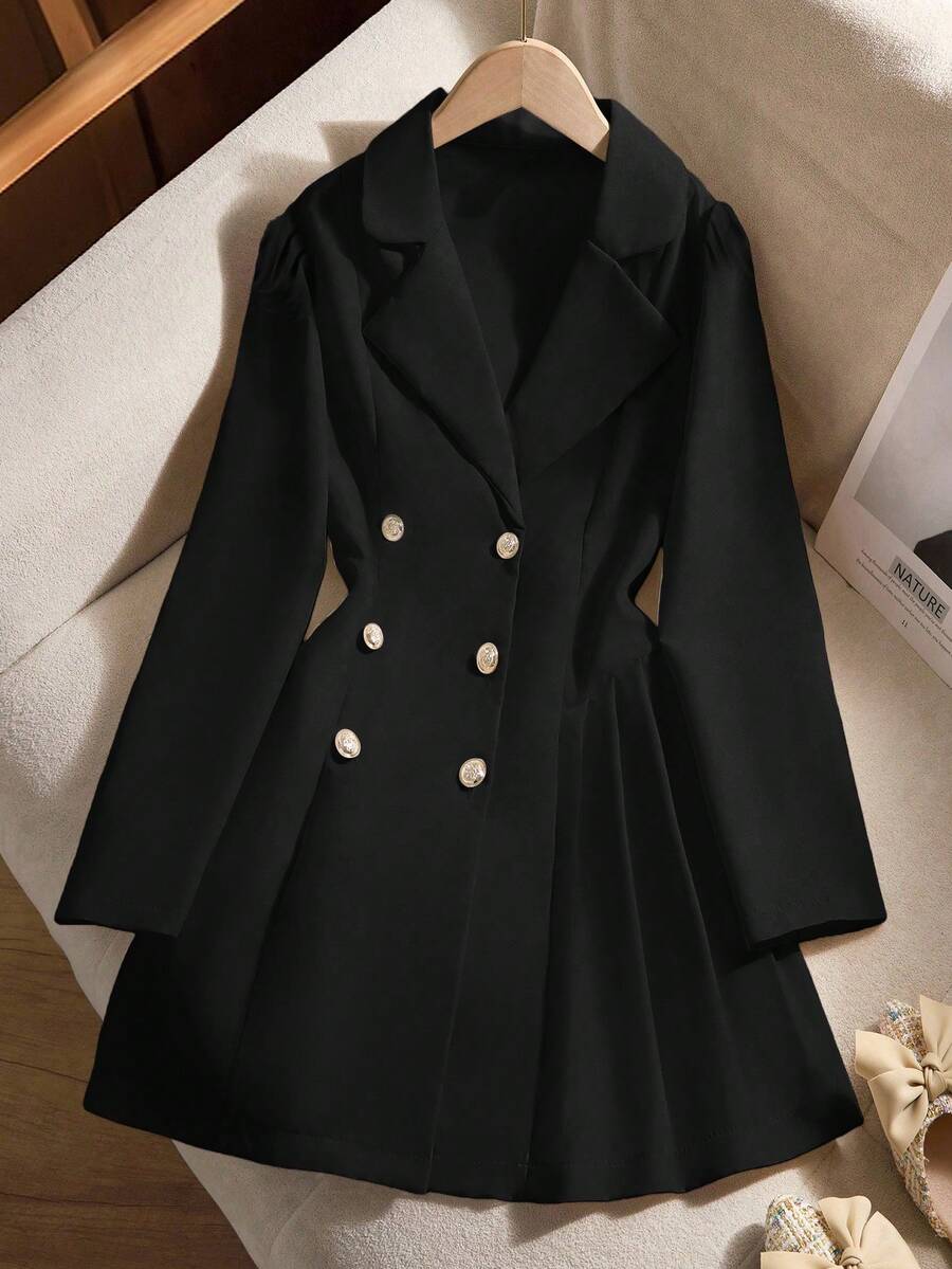 女孩休闲舒适温柔优雅百搭日常V领纽扣褶边修身夹克 - 黑色 - 查看 1