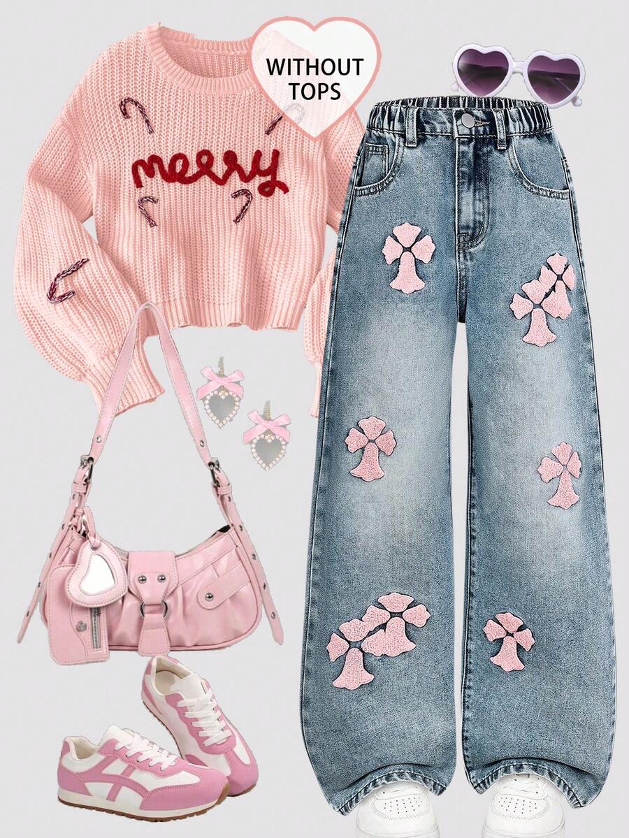 SHEIN ChillGRL 少女牛仔裤 - 做旧花卉刺绣阔腿牛仔裤,复古水洗牛仔布,Y2K美学,休闲,可爱,复古,2000年代流行/波西米亚风格,适合春、夏、秋、冬四季穿着。蝴蝶结牛仔裤,宽松星星牛仔裤,粉色蝴蝶结刺绣交叉牛仔裤,Y2K牛仔裤。 - 淺色水洗藍 - 查看 1