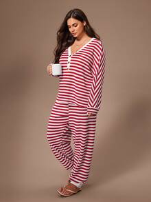 Lazeform Bộ đồ ngủ nữ cỡ lớn kẻ sọc jacquard, kiểu dáng thường ngày, tay dài cài nửa cúc và quần dài, thích hợp cho mùa đông. - Đỏ - Xem 6