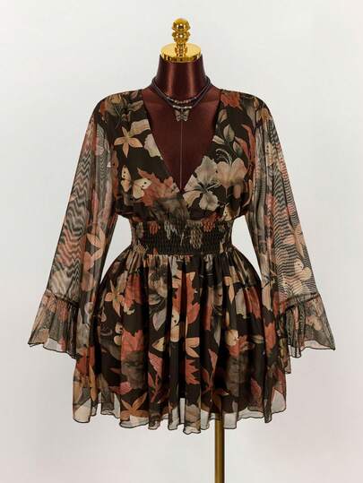 Amplova Plus Size Women Elegant Commuter Floral, Butterfly & Leaf Print Dress