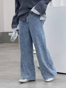 DAZY 少女休闲水洗佩斯利提花牛仔裤 - 藍色 - 查看 3