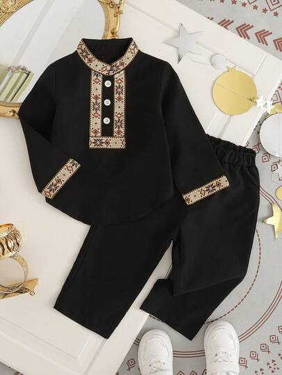 Middle Eastern Style Traditional Embroidered Long Sleeve Top And Pants Set For Baby Boys Baby Boy Arab Dress Black Baby Kurta Baby Black Formal Outfit Baby Boy Church Suit Baby Boy Outfits Boys Vacation Outfit Sets