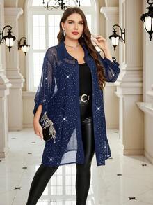 Gownix 大码性感优雅亮片透视网纱宽松上衣，适合派对、夜店等场合 - 藏蓝色 - 查看 6