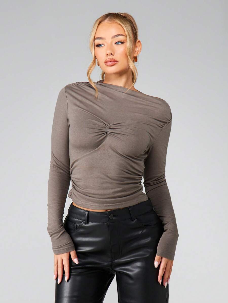 MISSGUIDED 女士长袖褶皱细节上衣,正面收褶,圆领设计,适合秋冬季休闲日常穿着 - 灰色 - 查看 1