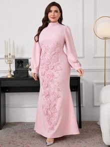 Modelyn Elegant Pink Plus Size Maxi Dress With Stand Collar And Puff Sleeves Embellished With Floral Applique For Women Fall - Pink - View 4