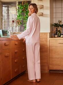 Lullawish Women's Comfortable Striped Button Lounge Set, Casual Homewear, Winter Clothes - Coral Pink - View 2