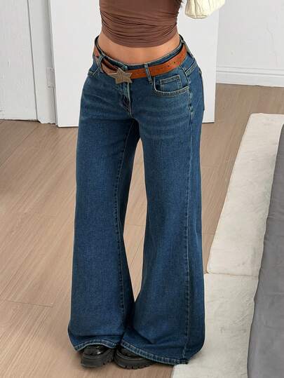 SHEIN EZwear Women's Casual Washed Low-Waist Flare Jeans