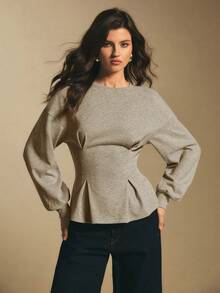 Poéselle 女士休闲日常通勤简约纯色落肩宽松腰部荷叶边 T 恤，春秋季 - 卡其色 - 查看 6