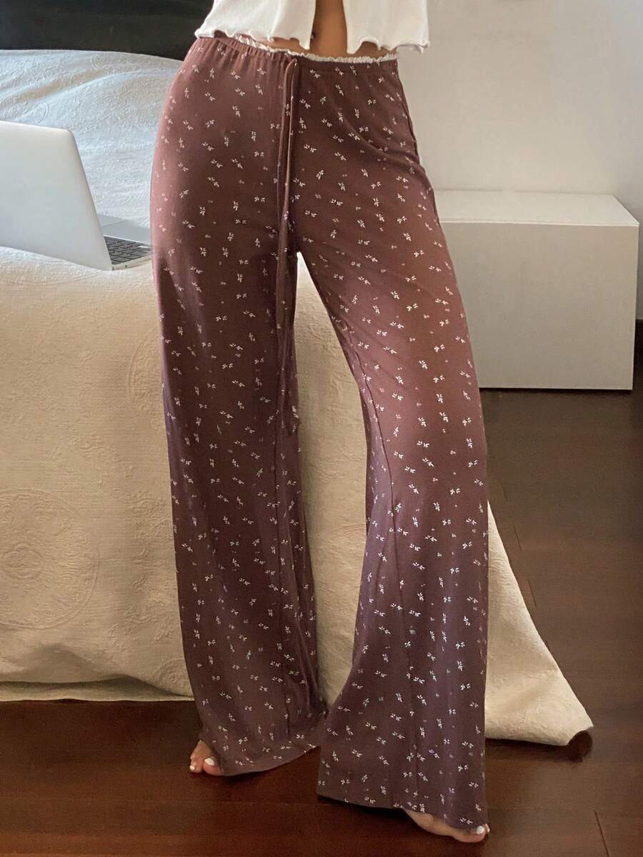 Livesso Ditsy Floral Knit Contrast Trim Waistband Women Pajama Bottoms - Brown - View 1
