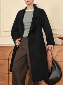 Dazy-Less 女士纯色腰带优雅长袖外套，秋冬商务休闲女装 - 黑色 - 查看 5