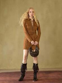 MOTF STUDIO 女士绒面革系带连衣裙，秋冬季 - 駝色 - 查看 6