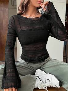 SHEIN EZwear 女士休闲简约纯色褶皱纹理黑色网纱修身衬衫，适合春、夏、秋季穿着 - 黑色 - 查看 3