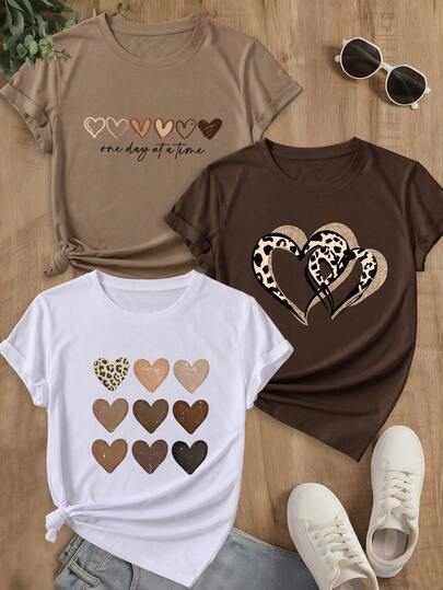女士短袖纯棉T恤，豹纹和心形图案