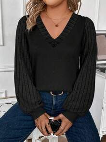 EMERY ROSE Plus Size V-Neck Puff Sleeve Black T-Shirt, Basic Casual Style, Autumn/Winter New Arrival - Black - View 4