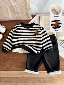 LMoss Kids 2pcs Baby Boy Striped Crew Neck Sweatshirt And Pants Set, Thermal Lined, Thickened, Autumn/Winter - Multicolor - View 5