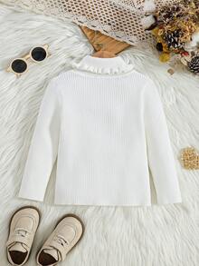 SHEIN Vintaside Kids 女童纯色高领毛衣，荷叶边长袖针织套头衫，适合内搭外套，秋冬季休闲穿着 - 白色 - 查看 2