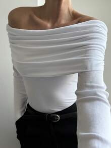 Livesso Camiseta de manga larga con cuello vuelto y hombros descubiertos para mujer, de ajuste ceñido, estilo casual de calle, adecuada para primavera, verano, otoño e invierno, para fiestas de moda - Blanco - Ver 1