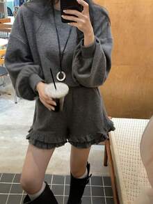 DAZY 2件套 女士圆领纯色荷叶边下摆上衣+短裤 - 灰色 - 查看 6