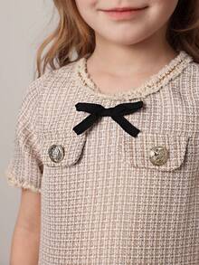 PrepCrw Young Girl's Bowknot Decor Short Puff Sleeve Dress, College Style For Spring And Summer - Multicolor - View 6