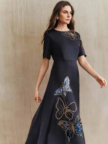 Anewsta Women's New Dignified Ballroom Beaded Butterfly Floral Pattern High-End Banquet Elegant Dress - Blue - View 6