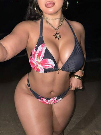 Swim SXY Conjunto de bikini de 2 piezas con estampado de lirio, sexy y talla grande, para vacaciones de verano