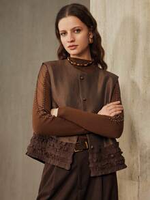 Revavyn 女士纯色圆领露肩荷叶边花卉休闲通勤背心 - 棕色 - 查看 3