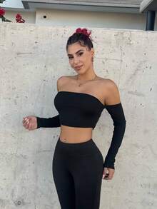 Bearsaez Solid Off Shoulder Crop Off Shoulder Top ,Petite Women - Black - View 4