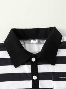 SHEIN Casuvi Kids Boys' Casual Fashion Little Horse Print Ribbed Collar Short Sleeve Polo Shirt Polo Shirt For Kids Striped Shirt Kids Striped Polo Shirt - Black and White - View 3