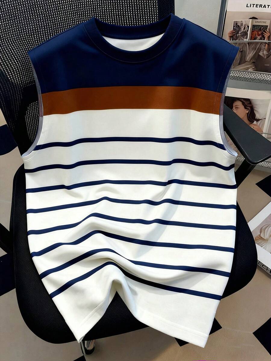 男士条纹印花休闲舒适圆领背心