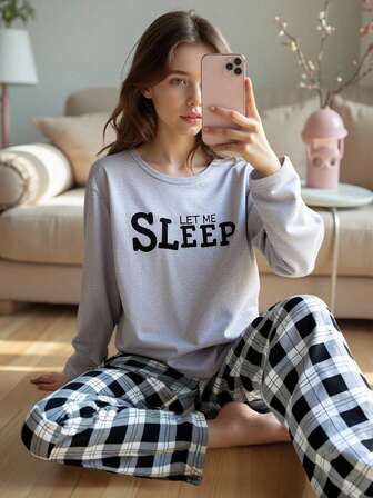 Tween Girl 2 Pieces Pajama Set - Gray Milk Silk Crew Neck Long Sleeve Top With Printed "SLEEP" Text And Black & White Plaid Loose Comfortable Pants, Back To School Fashion Comfy Pajama Set Fall Winter