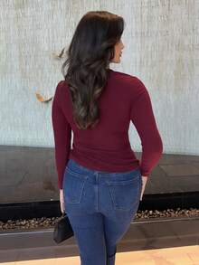MDEdit 罗纹纽扣长袖圆领上衣休闲度假机场假日秋冬圣诞节 - 酒紅色 - 查看 2