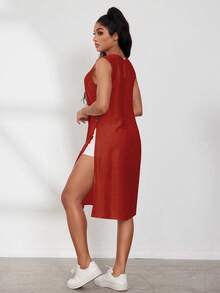 EMERY ROSE 女士休闲无袖衬衫，侧开衩，夏季 - 酒紅色 - 查看 2