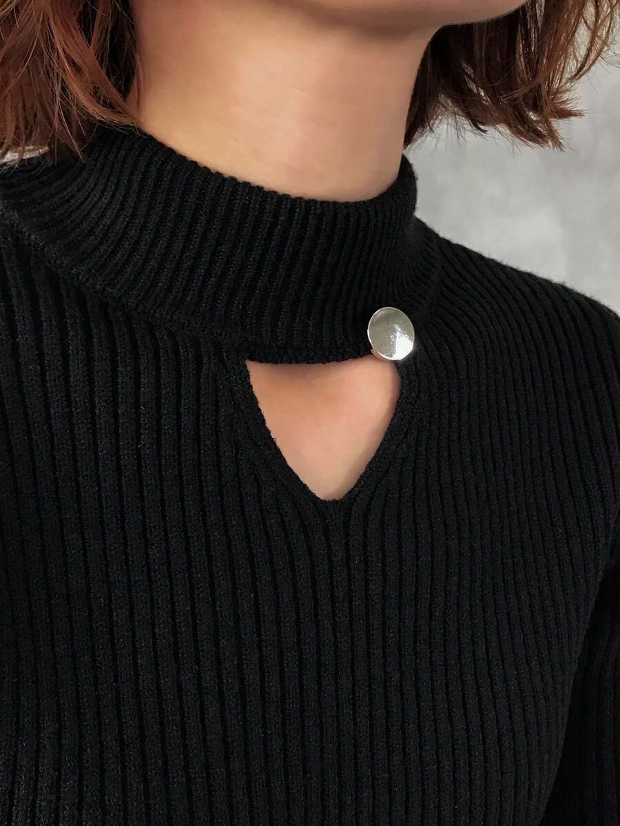 FRIFUL Women's Casual Solid Color Hollow Out Stand Collar Sweater, Autumn/Winter - Black - View 1