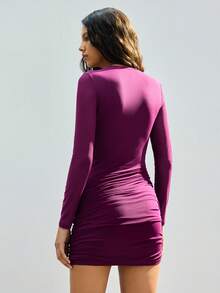 Maija Valentines Day DressPurple Overlap Long Sleeve Autumn/Winter Women's Short Fitted Ruched Dress Purple Dress Ruched Dresses For Women Women Long Sleeve Casual Dresses Birthday Dress Purple Dress Women Long Sleeve Dresses Woman - Red Violet - View 5