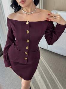 Modelyn Damen Metall Einreiher Off-Shoulder Langarm Bluse und Midi Rock elegantes 2 Stücke Set - Bordeaux - Übersicht 7