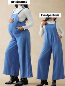 Boho Mama Mono holgado y casual de maternidad de unicolor con diseño de botones y bolsillos, para otoño - Azul - Ver 9