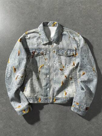 Street Life Men's Casual Full Print Zip-Up Denim Jacket, Autumn