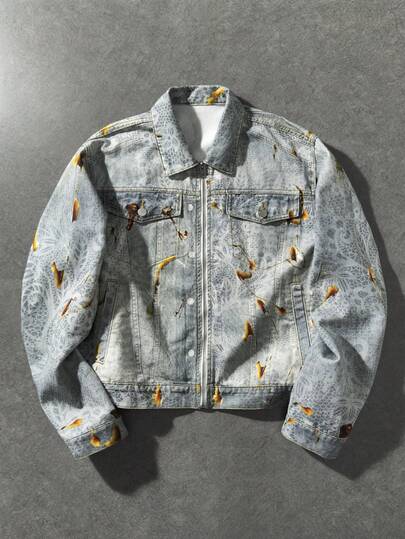 Street Life جاكيت جينز كاجوال كامل الطباعة مع سحاب، خريفي