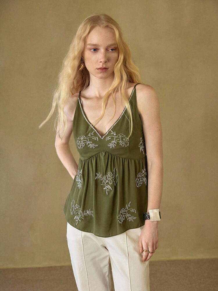 MOTF STUDIO WOMEN'S V-NECK BEADED DETAIL BABYDOLL CAMI TOP, AUTUMN/WINTER