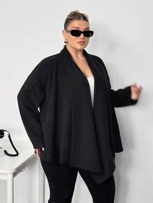 Truni Lacenleopard Plus Size Women Solid Color Batwing Sleeve Open Front Casual Jacket, Autumn/Winter, For Pear Triangle Body Shape - Black - View 5