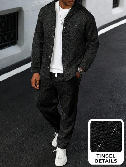 Manfinity Homme Ensemble veste avec détails de paillettes et pantalon à taille élastique avec poches obliques, pour homme, décontracté, polyvalent, pour le trajet quotidien