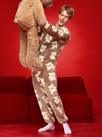 NotGurli 秋冬季毛绒可爱小熊男士连体睡衣