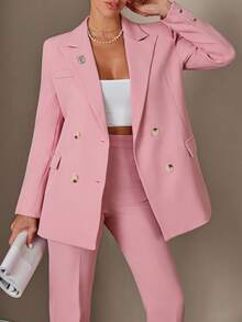 SHEIN Cottnline Women Solid Color Suit Sets Blazer Jacket And Pants Rhinestone And Button Front Detailed - Dusty Pink - View 3