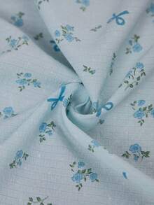 SHEIN Conjunto de pijama de mujer con camisola de encaje con parches de flores y lazo romántico, y bata de manga larga con cinturón, ropa de invierno - Celeste - Ver 7