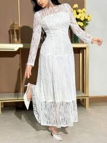 Feyla Women's Elegant Lace Patchwork Round Neck Fitted Mid-Length Long Sleeve Dress - White - View 5