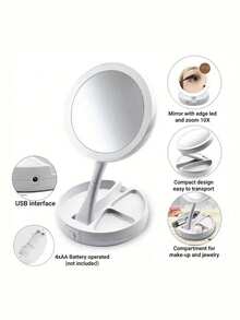 1PC Foldable Makeup Mirror With Led Light Storage Box Organizer, Double Sided 1X & 10X Magnifying Retractable Mirror For Table, Vanity, Cosmetic - White - View 3