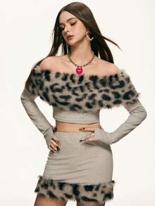 Rina Fox 秋冬时尚豹纹拼接露肩短款上衣和迷你裙两件套 - 灰色 - 查看 4